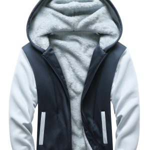 Men's Fall And Winter Fashion, Contrast Color Hooded Long Sleeve Zip Up Fleece Sweatshirt Jacket, Warm And Comfy Hoodie For Outdoors And Sports Wear