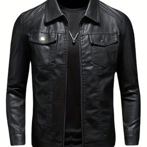 Men's Unisex Solid Color Zip-up Jacket, Casual Stylish Long Sleeve Pu Leather Coat Outdoor Clothes For Spring And Fall