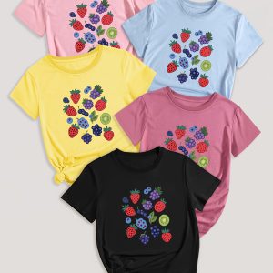 Fruit & Vegetable Print T-Shirt Set of 5 - Casual Polyester Blend Crew Neck Tees with Strawberry, Grape, Blueberry Designs - Knit Fabric, Regular Length for All Seasons