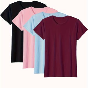 4-Pack Cotton Casual Fashion Solid Color Tops, Women's Comfortable Short Sleeve Sweatshirt Set