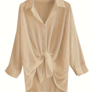 Button Up Collared Cover Up Shirt, Casual Long Sleeve Chiffon Beachwear Shirt, Women's Clothing