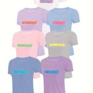 7 Pack Letter Print Crew Neck T-Shirt, Casual Short Sleeve T-Shirt For Spring & Summer, Women's Clothing