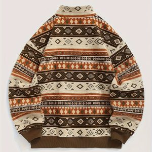 Men's Aztec Ethnic Geometric Jacquard Flocked Quarter Zip Stand Collar Fleece Pullover Sweatshirt