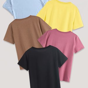 5 Pack Letter Print T-shirt, Short Sleeve Crew Neck Casual Top For Summer & Spring, Women's Clothing