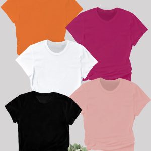 5pcs Solid Color Crew Neck T-shirt, Casual Short Sleeve Top For Spring & Summer, Women's Clothing